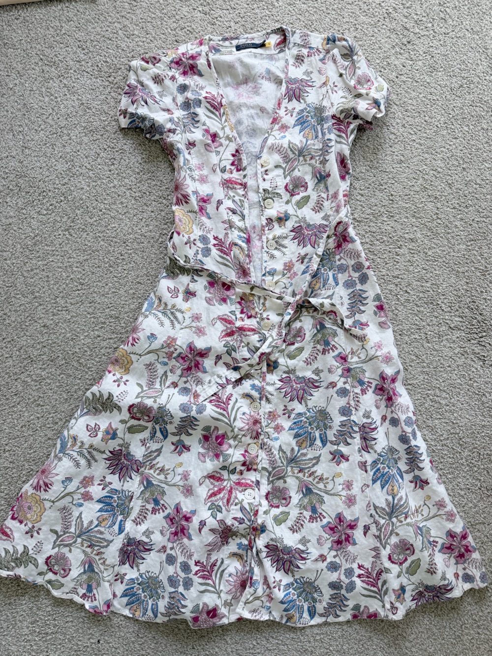 Ralph Lauren White Linen Floral Button-Front Dress with Pink & Blue Accents